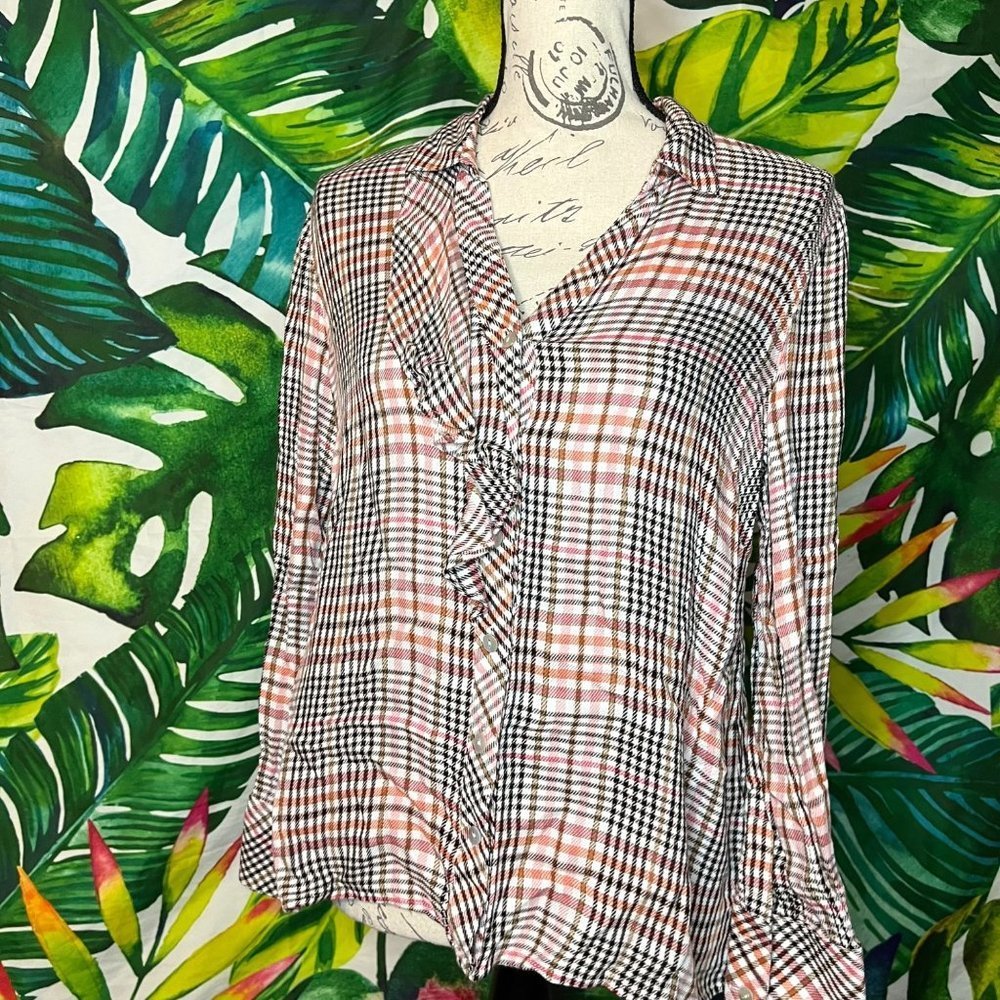 GUC $89 J.Jill Women's SP Ruffle Beige Black Front Plaid Button Down Shirt